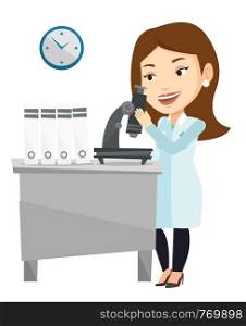 Caucasian laboratory assistant working with microscope. Young scientist working at the laboratory. Laboratory assistant using a microscope. Vector flat design illustration isolated on white background. Laboratory assistant with microscope.