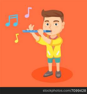 Caucasian little boy playing the flute. Full length of boy practicing on his flute. Concentrated boy with a flute. Vector sketch cartoon illustration. Square layout.. Caucasian little boy playing the flute.