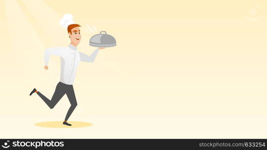 Caucasian male chef cook in the cap and white uniform running. Cheerful chef cook holding a cloche. Smiling chef cook fast running with a cloche. Vector flat design illustration. Horizontal layout.. Running chef cook vector illustration.