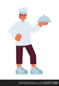 Caucasian male chef stand with silver tray semi flat colorful vector character. Editable full body caucasian cooking person on white. Simple cartoon spot illustration for web graphic design. Caucasian male chef stand with silver tray semi flat colorful vector character