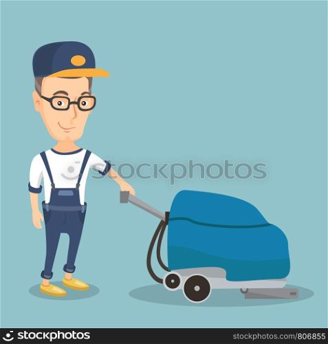 Caucasian male cleaner with cleaning equipment. Worker cleaning the store floor with a cleaning machine. Worker of cleaning services in a supermarket. Vector flat design illustration. Square layout.. Man cleaning the store floor with a machine.