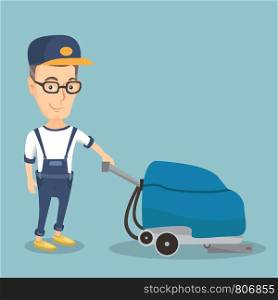Caucasian male cleaner with cleaning equipment. Worker cleaning the store floor with a cleaning machine. Worker of cleaning services in a supermarket. Vector flat design illustration. Square layout.. Man cleaning the store floor with a machine.
