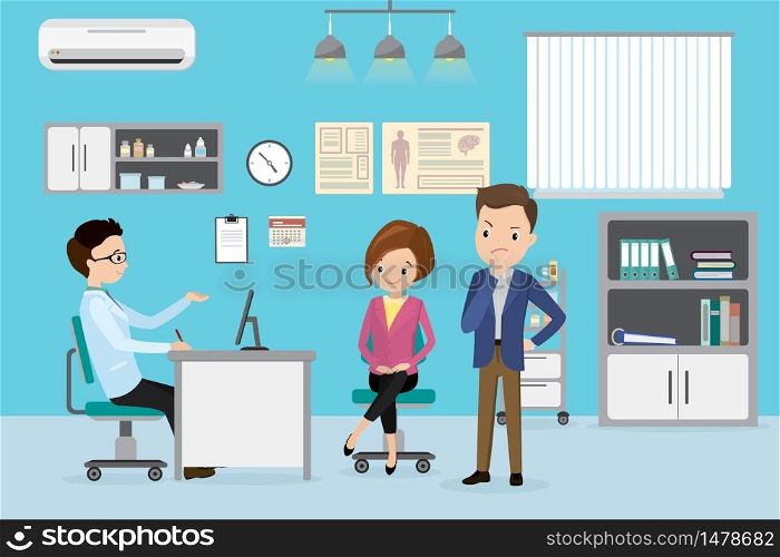 Caucasian male Doctor and couple of patients in consulting room,medical furniture and equipment,flat vector illustration