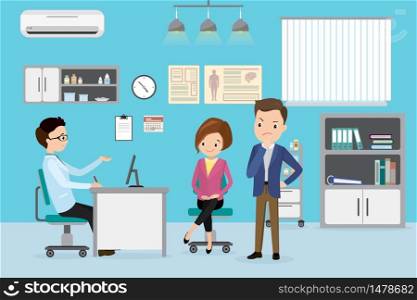 Caucasian male Doctor and couple of patients in consulting room,medical furniture and equipment,flat vector illustration