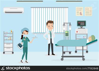 Caucasian Male doctor and female nurse in the medical room,european woman lying on the operating table,furniture and medical equipment,flat vector illustration