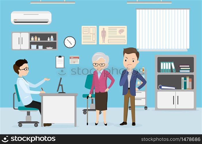 Caucasian male Doctor and old woman patient with young guy in consulting room,medical furniture and equipment,flat vector illustration