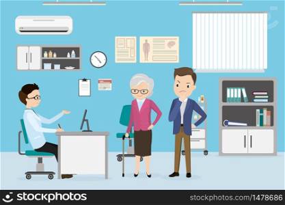 Caucasian male Doctor and old woman patient with young guy in consulting room,medical furniture and equipment,flat vector illustration