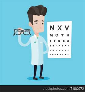 Caucasian male oculist doctor giving glasses. Professional ophthalmologist holding eyeglasses on the background of eye chart. Oculist offering glasses. Vector flat design illustration. Square layout.. essional ophthalmologist holding eyeglasses.