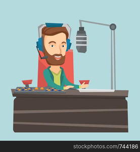 Caucasian male radio dj in headset working on a radio station. Hipster radio dj working in front of microphone, computer and mixing console on radio. Vector flat design illustration. Square layout.. Dj working on the radio vector illustration