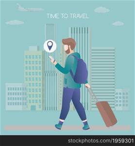 Caucasian male with backpack, suitcase and smartphone,airplane and urban landscape on background,trendy simple style,outdoor flat vector illustration