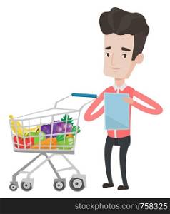 Caucasian man checking shopping list. Man holding shopping list near shopping trolley full with products. Man writing in shopping list. Vector flat design illustration isolated on white background.. Man with shopping list vector illustration.