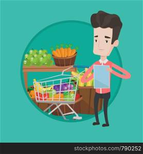 Caucasian man checking shopping list. Young man holding shopping list near trolley with products. Man writing in shopping list. Vector flat design illustration in the circle isolated on background.. Man with shopping list vector illustration.