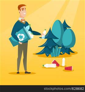 Caucasian man collecting garbage in recycle bin. Happy man with recycling bin in hand picking up used plastic bottles in forest. Waste recycling concept. Vector flat design illustration. Square layout. Man collecting garbage in forest.