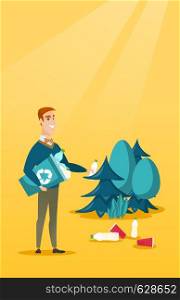 Caucasian man collecting garbage in recycle bin. Man with recycling bin in hand picking up used plastic bottles in forest. Waste recycling concept. Vector flat design illustration. Vertical layout.. Man collecting garbage in forest.