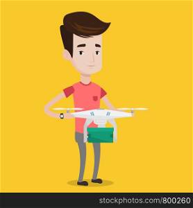 Caucasian man controlling delivery drone with post package. Young man getting post package from delivery drone. Man sending parcel with delivery drone. Vector flat design illustration. Square layout.. Man controlling delivery drone with post package.