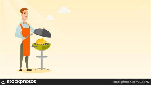 Caucasian man cooking chicken on the barbecue grill outdoors. Man at a barbecue party outdoor. Young man preparing chicken on the barbecue grill. Vector flat design illustration. Horizontal layout.. Man cooking chicken on barbecue grill.