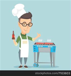 Caucasian man cooking steak on the barbecue grill outdoors. Adult happy man with bottle in hand cooking steak on gas barbecue grill and giving thumb up. Vector flat design illustration. Square layout.. Man cooking steak on barbecue grill.