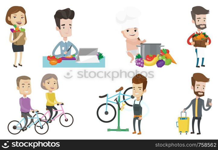 Caucasian man cutting vegetables for salad. Man following recipe for vegetables salad on digital tablet. Man cooking healthy salad. Set of vector flat design illustrations isolated on white background. Vector set of people eating and traveling.