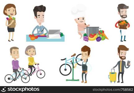 Caucasian man cutting vegetables for salad. Man following recipe for vegetables salad on digital tablet. Man cooking healthy salad. Set of vector flat design illustrations isolated on white background. Vector set of people eating and traveling.