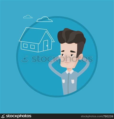 Caucasian man dreaming about future life in a new house. Man planning future purchase of house. Man thinking about buying a house. Vector flat design illustration in the circle isolated on background.. Man dreaming about buying new house.