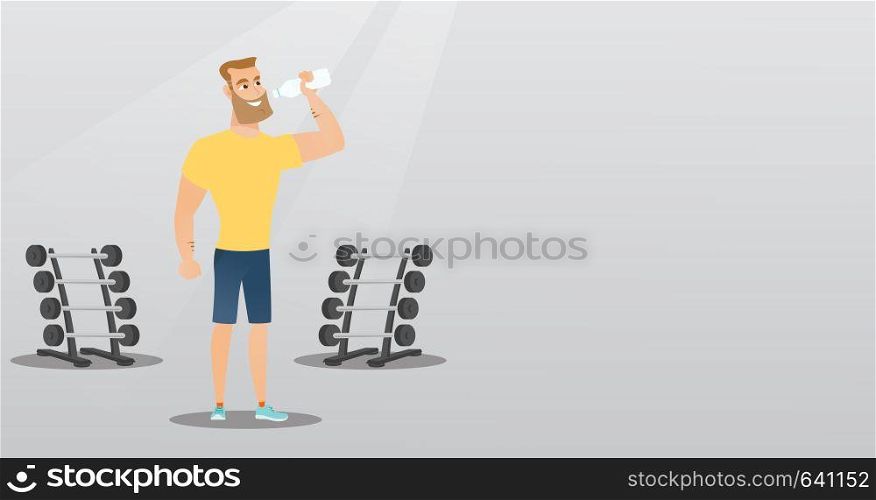 Caucasian man drinking water in the gym. Young hipster man with beard standing with bottle of water. Happy sportsman drinking water from the bottle. Vector flat design illustration. Horizontal layout.. Sportsman drinking water vector illustration.