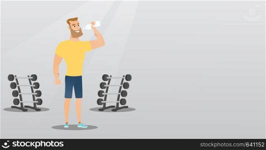 Caucasian man drinking water in the gym. Young hipster man with beard standing with bottle of water. Happy sportsman drinking water from the bottle. Vector flat design illustration. Horizontal layout.. Sportsman drinking water vector illustration.