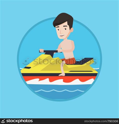 Caucasian man driving water scooter in the sea at summer day. Man riding on water scooter. Excited man training on water scooter. Vector flat design illustration in the circle isolated on background.. Caucasian man training on jet ski in the sea.
