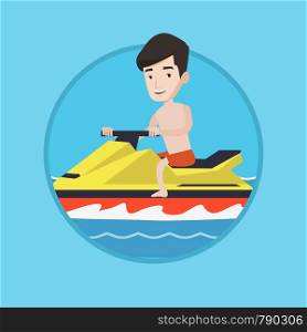 Caucasian man driving water scooter in the sea at summer day. Man riding on water scooter. Excited man training on water scooter. Vector flat design illustration in the circle isolated on background.. Caucasian man training on jet ski in the sea.