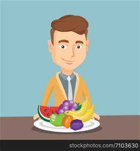 Caucasian man eating fresh healthy fruits. Young friendly man standing in front of table woth fresh fruits. Smiling man with plate full of fruits. Vector flat design illustration. Square layout.. Man with fresh fruits vector illustration.