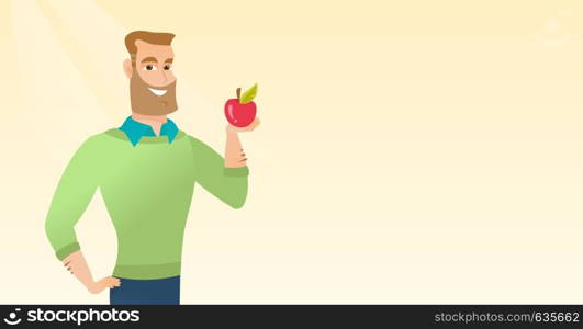 Caucasian man enjoying a fresh healthy red apple. Young man holding an apple in hand. Hipster man eating an apple. Concept of healthy nutrition. Vector flat design illustration. Horizontal layout.. Young man holding an apple vector illustration.