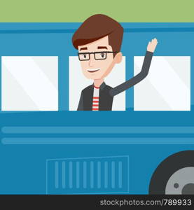 Caucasian man enjoying his trip by bus. Man waving from bus. Passenger waving hand from bus window. Tourist peeking out of bus window and waving hand. Vector flat design illustration. Square layout.. Man waving hand from bus window.