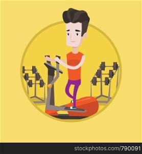 Caucasian man exercising on elliptical trainer. Man working out on elliptical trainer in the gym. Man using elliptical trainer. Vector flat design illustration in the circle isolated on background.. Man exercising on elliptical trainer.
