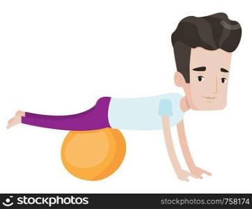 Caucasian man exercising with fitball. Man training triceps and biceps while doing push ups on fitball. Man doing exercises on fitball. Vector flat design illustration isolated on white background.. Young man exercising with fitball.