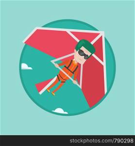 Caucasian man flying on hang-glider. Sportsman taking part in hang gliding competitions. Man having fun while gliding on hang-glider. Vector flat design illustration in circle isolated on background.. Man flying on hang-glider vector illustration.