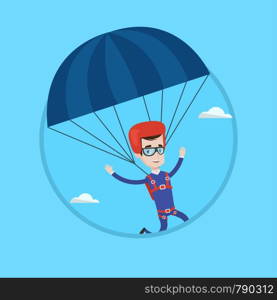 Caucasian man flying with a parachute. Happy man paragliding on a parachute. Professional parachutist descending with a parachute. Vector flat design illustration in the circle isolated on background.. Young happy man flying with parachute.