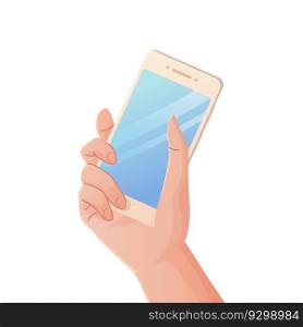 caucasian man hand holding a mobile phone isolated on white background. Digital Devices and Technology concept. Stock vector illustration in realistic cartoon style.. caucasian man hand holding a mobile phone isolated on white background. Digital Devices and Technology concept.