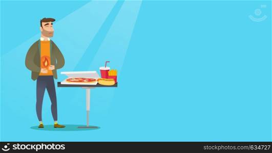 Caucasian man having a stomach ache from heartburn. Young hipster man suffering from a heartburn. Upset man having a stomach ache after fast food. Vector flat design illustration. Horizontal layout.. Man suffering from heartburn vector illustration