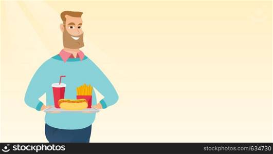 Caucasian man holding a tray with fast food. Young man having lunch in a fast food restaurant. Happy man with fast food. Unhealthy nutrition concept. Vector flat design illustration. Horizontal layout. Man holding tray full of fast food.