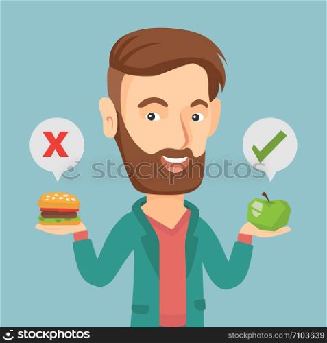 Caucasian man holding apple and hamburger in hands. Man choosing between apple and hamburger. Man choosing between healthy and unhealthy nutrition. Vector flat design illustration. Square layout.. Man choosing between hamburger and cupcake.