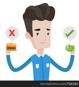 Caucasian man holding apple and hamburger. Man choosing between apple and hamburger. Man choosing between healthy and unhealthy nutrition. Vector flat design illustration isolated on white background.. Man choosing between hamburger and cupcake.