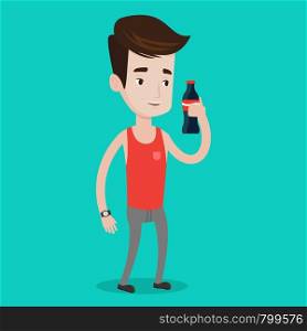 Caucasian man holding fresh soda beverage at glass bottle. Smiling young man standing with bottle of soda. Cheerful man drinking brown soda from bottle. Vector flat design illustration. Square layout.. Young man drinking soda vector illustration.