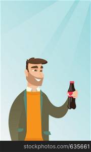 Caucasian man holding fresh soda beverage in a glass bottle. Young man standing with a bottle of soda. Cheerful man drinking brown soda from a bottle. Vector flat design illustration. Vertical layout.. Young man drinking soda vector illustration.