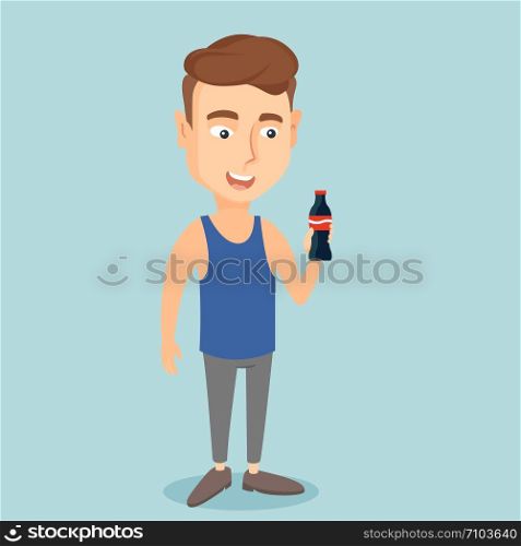 Caucasian man holding fresh soda beverage in glass bottle. Young man standing with bottle of soda. Cheerful man drinking brown soda from bottle. Vector flat design illustration. Square layout.. Young man drinking soda vector illustration.