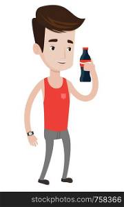 Caucasian man holding soda beverage in bottle. Smiling young man standing with bottle of soda. Cheerful man drinking soda from bottle. Vector flat design illustration isolated on white background.. Young man drinking soda vector illustration.