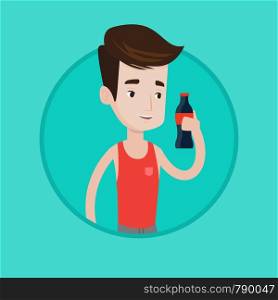 Caucasian man holding soda beverage in bottle. Young man standing with bottle of soda. Cheerful man drinking soda from bottle. Vector flat design illustration in the circle isolated on background.. Young man drinking soda vector illustration.