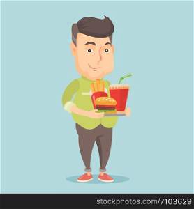 Caucasian man holding tray with fast food. Young man having a lunch in a fast food restaurant. Happy man with fast food. Unhealthy nutrition concept. Vector flat design illustration. Square layout.. Man holding tray full of fast food.