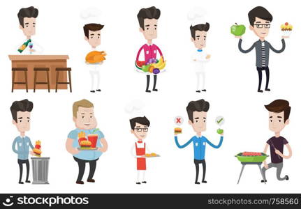 Caucasian man holding tray with fast food. Young man having lunch in fast food restaurant. Man putting fast food into a trash bin. Set of vector flat design illustrations isolated on white background.. Vector set of people eating and drinking.