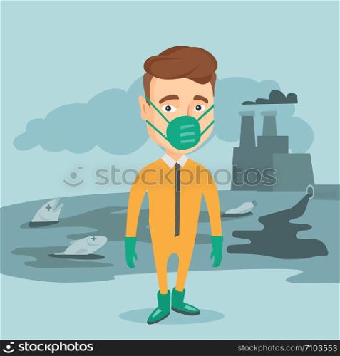 Caucasian man in gas mask and radiation protective suit standing on the background of nuclear power plant. Scientist wearing radiation protection suit. Vector flat design illustration. Square layout.. Man in radiation protective suit.