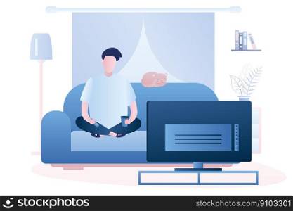 Caucasian man is sitting on the couch and watch tv, living room interior. Male character in trendy style. Vector illustration