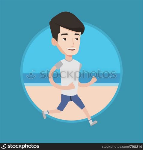 Caucasian man jogging on beach. Athlete running on the beach. Man running along the seashore. Fit guy enjoying jogging at beach. Vector flat design illustration in the circle isolated on background. Young sporty man jogging on the beach.